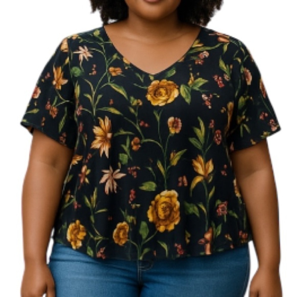 GEORGE Floral Print Short Raw Hem Sleeve V-Neck Top Stretch Plus Size 3X
